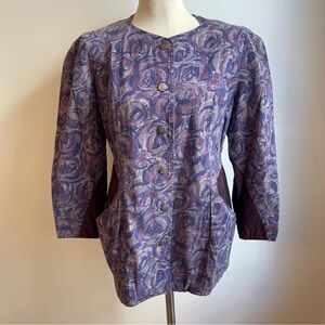 Vintage 80s Geiger Cotton Floral Jacket Blazer Purple Floral Metal Button Medium